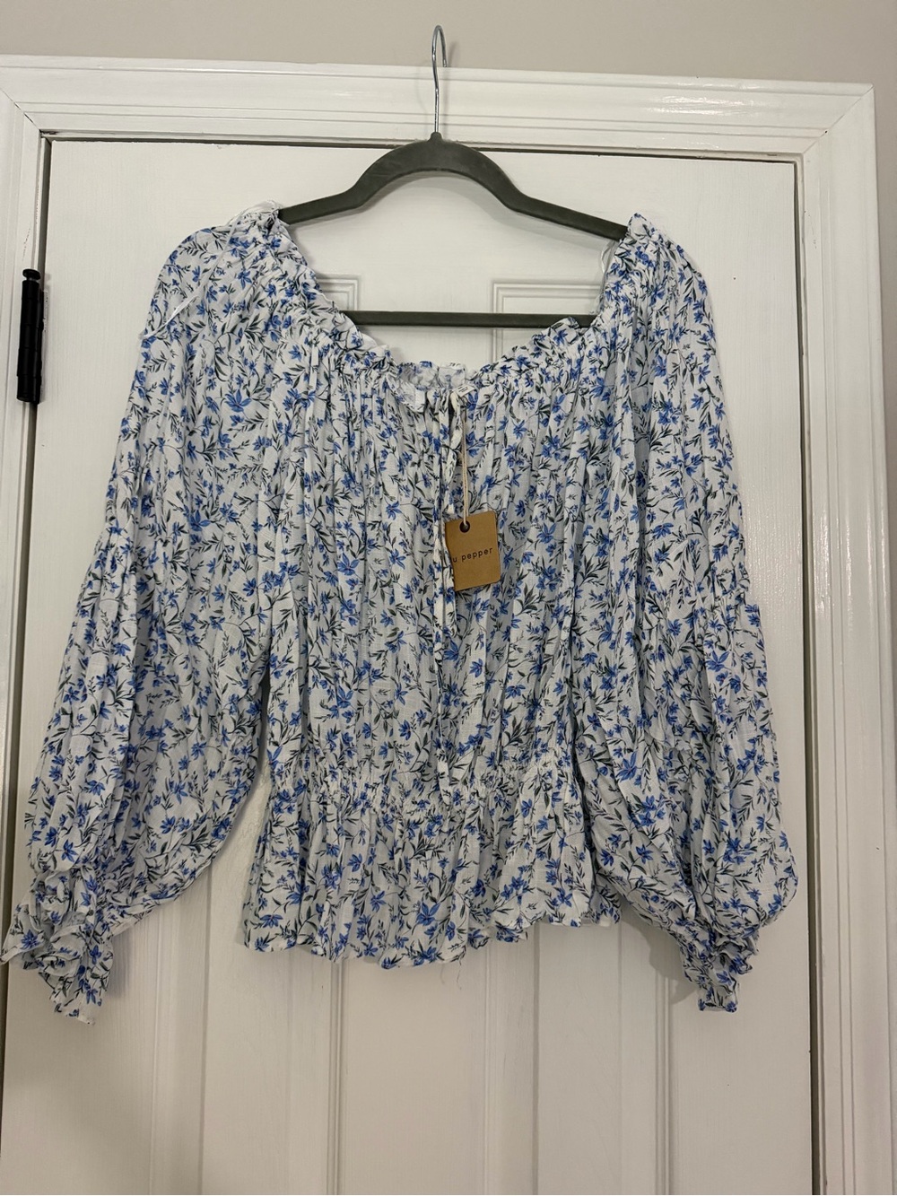 Blu Pepper White and Blue Floral Peasant Blouse
